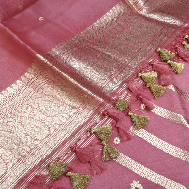 Rose Pink Banarasi Munga Silk Suit Set with Zari Buti and Ornate Floral Border