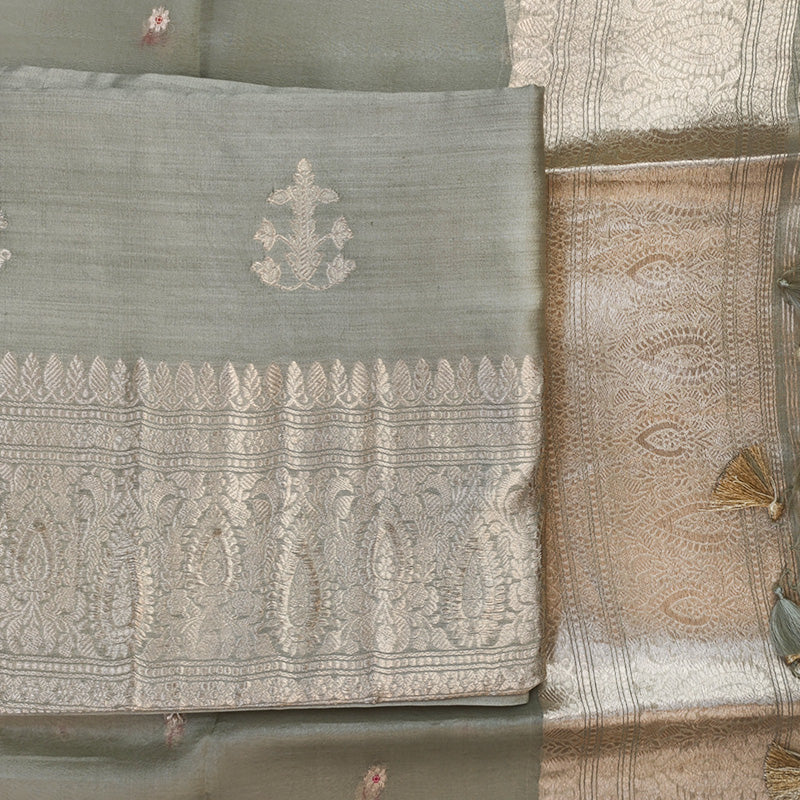 Sage Green Banarasi Munga Silk Suit Set with Zari Buti and Floral Border