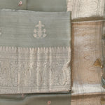 Sage Green Banarasi Munga Silk Suit Set with Zari Buti and Floral Border