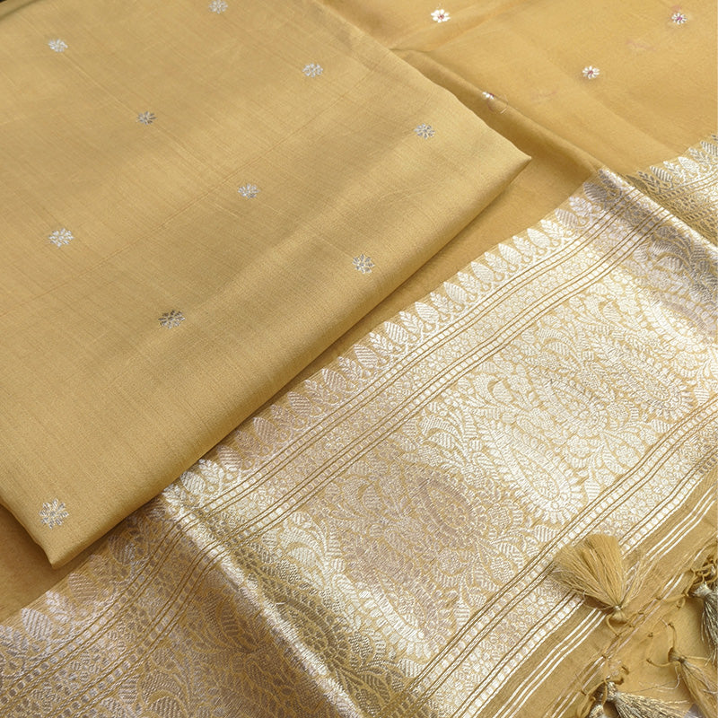 Mustard Gold Banarasi Linen Tussar Suit Set with Zari Booti and Ornate Border