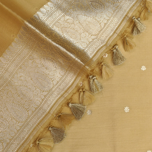 Mustard Gold Banarasi Linen Tussar Suit Set with Zari Booti and Ornate Border