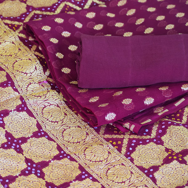 Plum Banarasi Georgette Suit Set with Floral Zari Motifs & Ornate Border