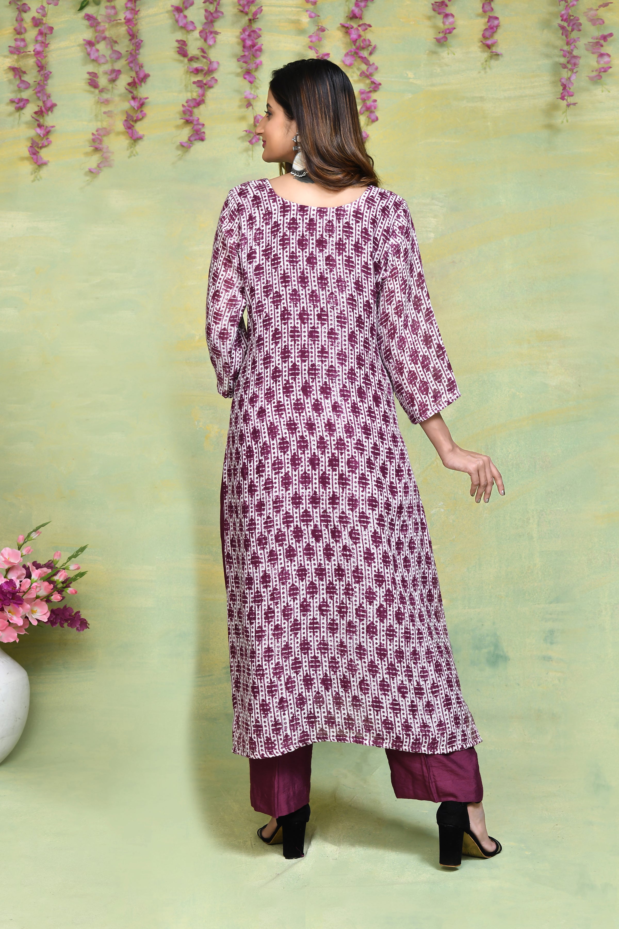 Linen handblock printed straight kurta & bottom set