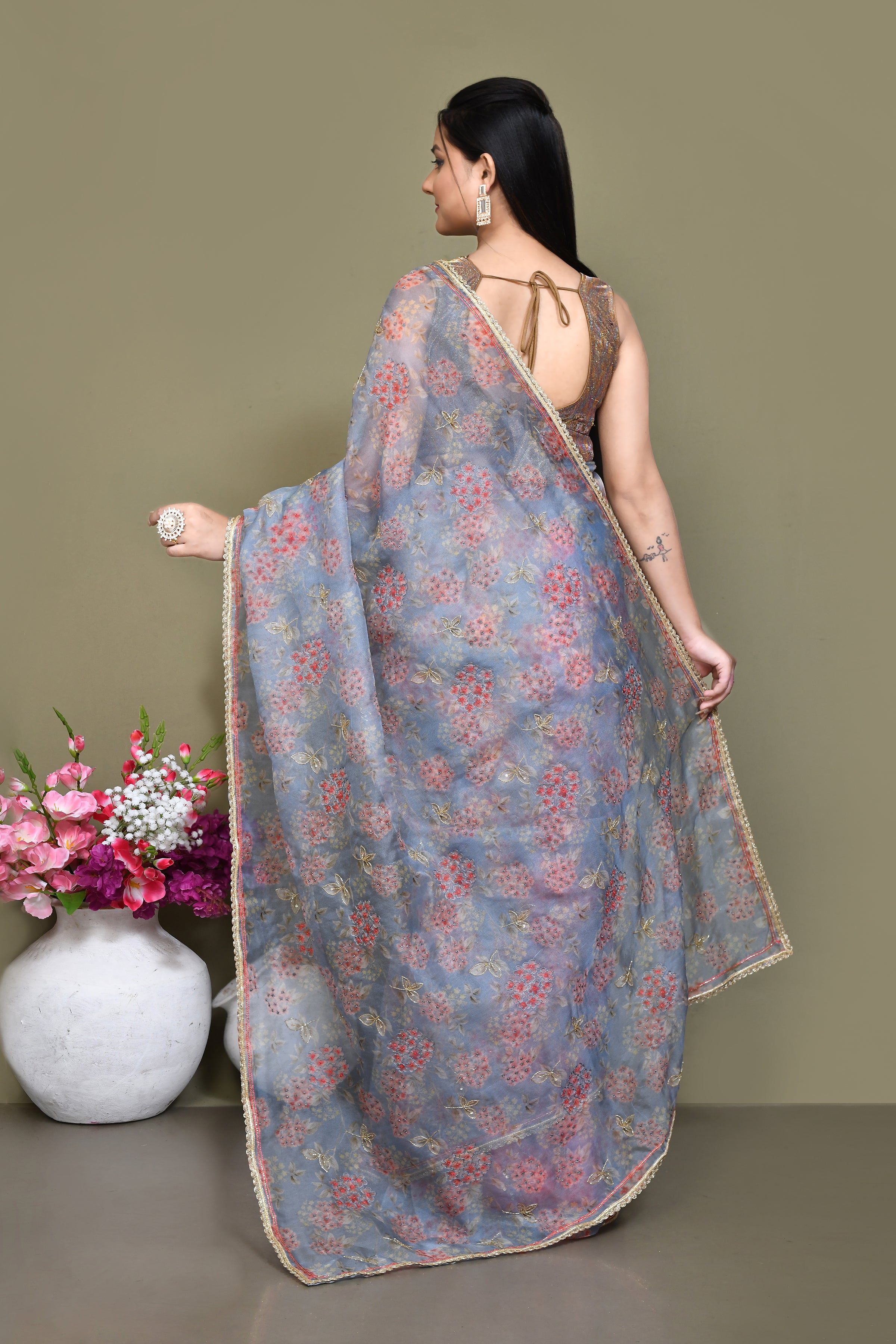 Floral print embroidered pure organza saree
