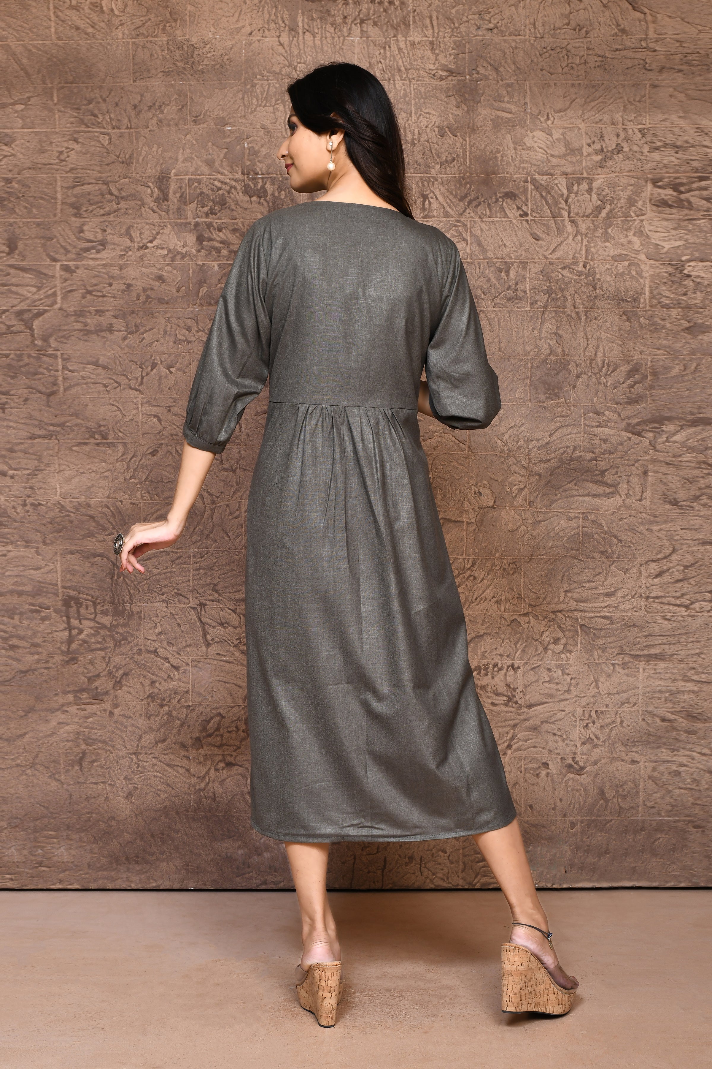 Solid color cotton slub  A-line one piece dress