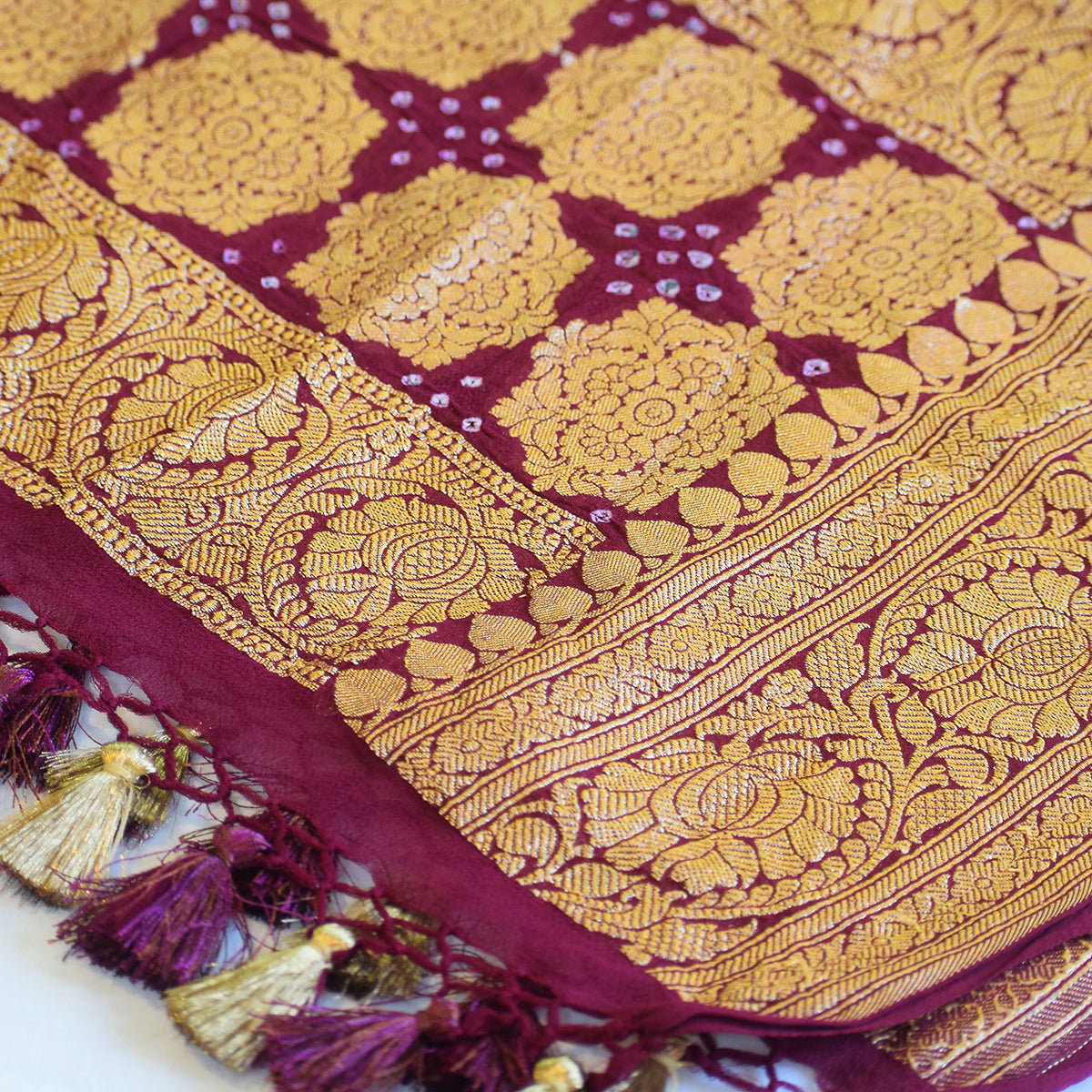 Plum Banarasi Georgette Suit Set with Floral Zari Motifs & Ornate Border