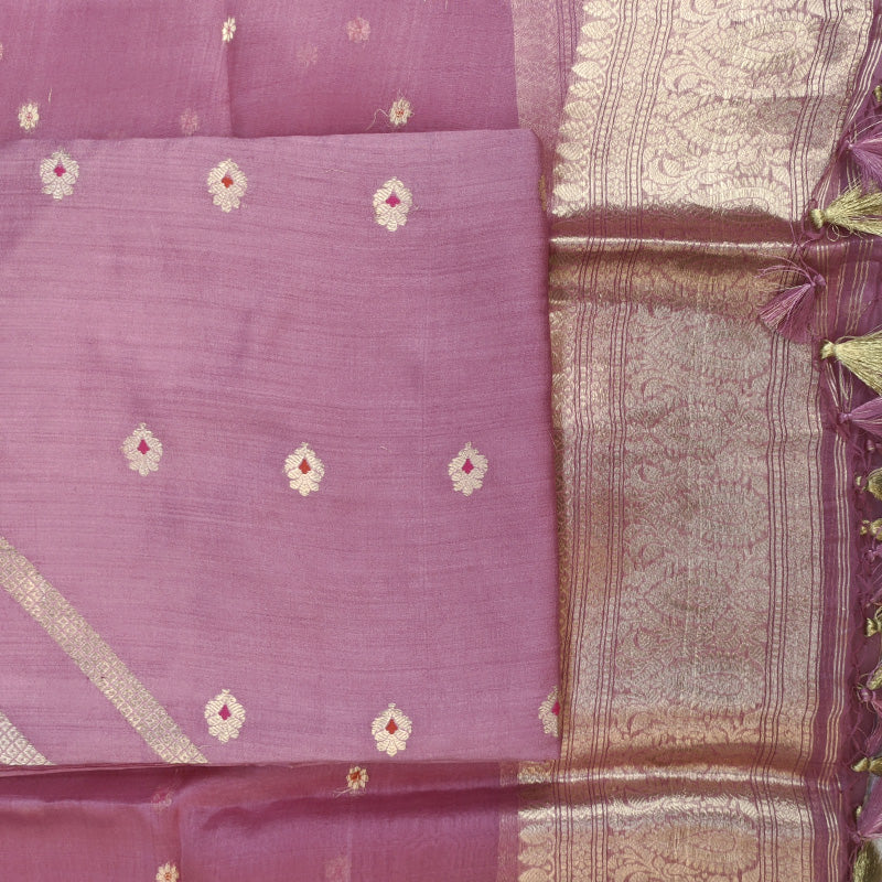 Orchid Purple Banarasi Munga Silk Suit Set with Zari Buti and Floral Border