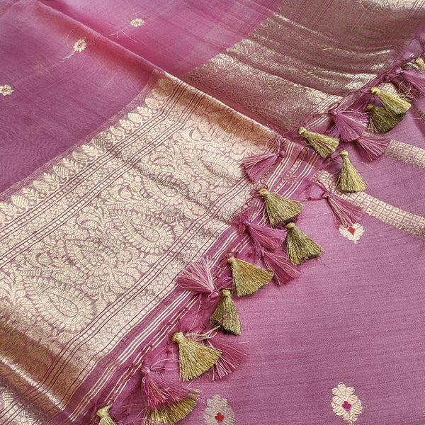 Orchid Purple Banarasi Munga Silk Suit Set with Zari Buti and Floral Border