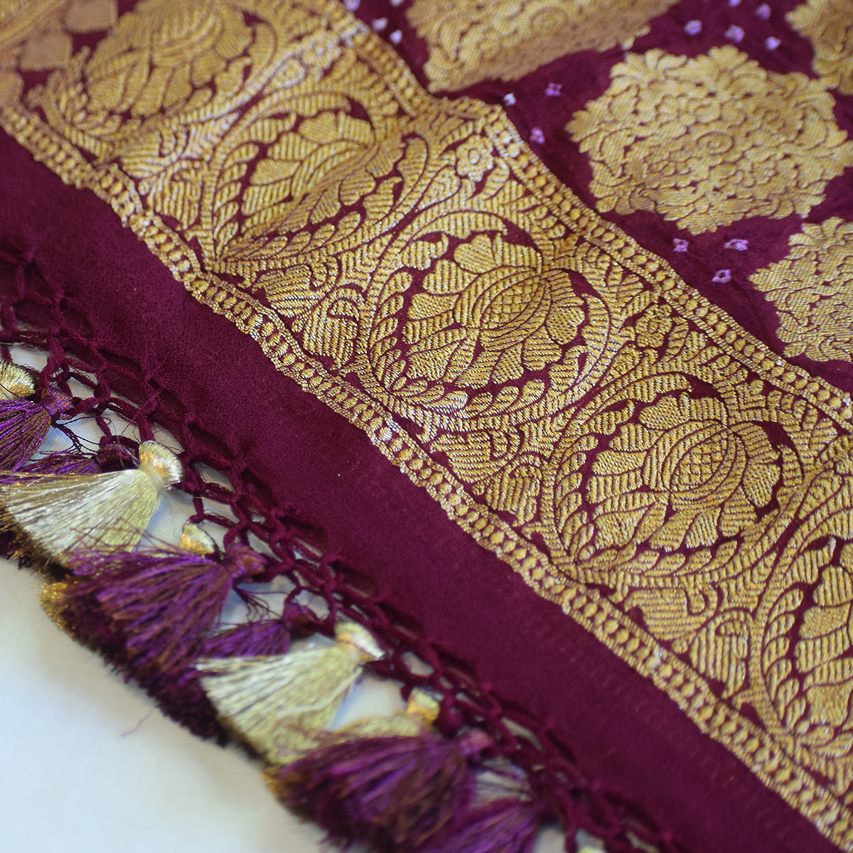 Plum Banarasi Georgette Suit Set with Floral Zari Motifs & Ornate Border