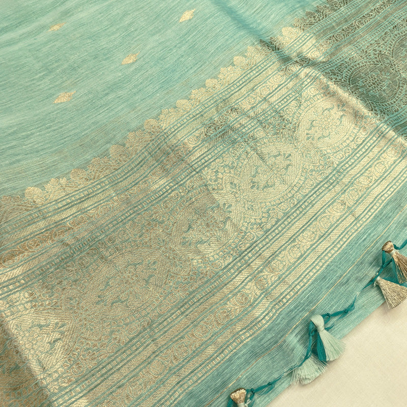 Sea Green Banarasi Linen Tussar Suit Set with Antique Zari Motifs and Hand-Tied Tassels