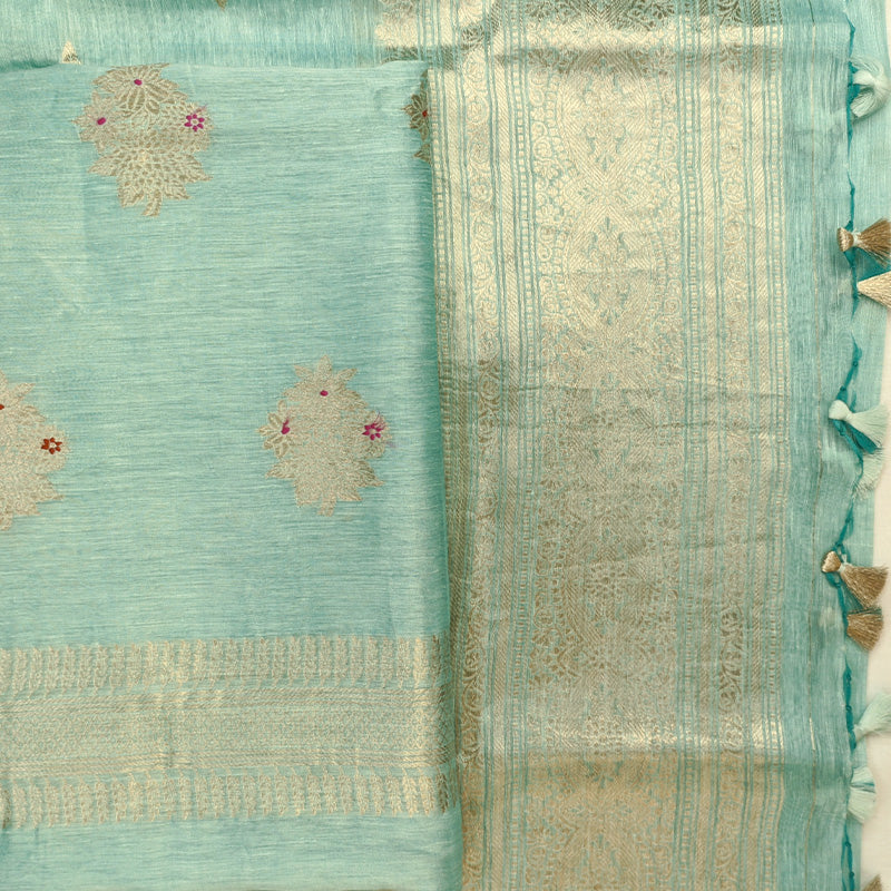 Sea Green Banarasi Linen Tussar Suit Set with Antique Zari Motifs and Hand-Tied Tassels