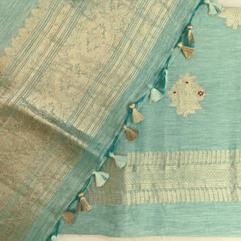 Sea Green Banarasi Linen Tussar Suit Set with Antique Zari Motifs and Hand-Tied Tassels