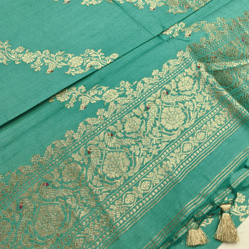 Teal Green Tussar Linen Suit Set with Antique Zari Motifs and Hand-Tied Tassels