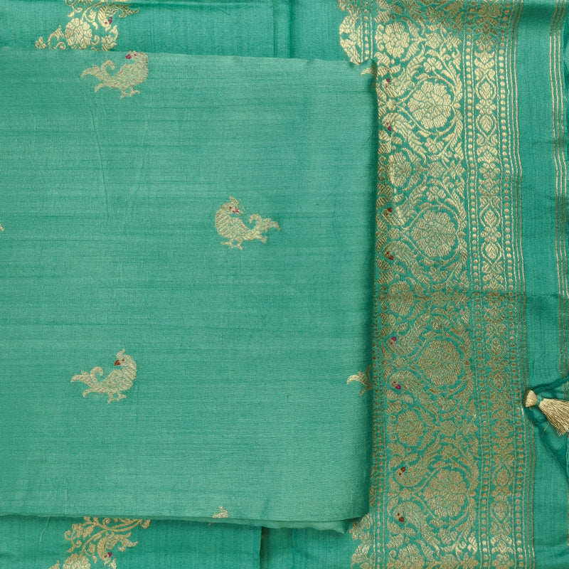 Teal Green Tussar Linen Suit Set with Antique Zari Motifs and Hand-Tied Tassels