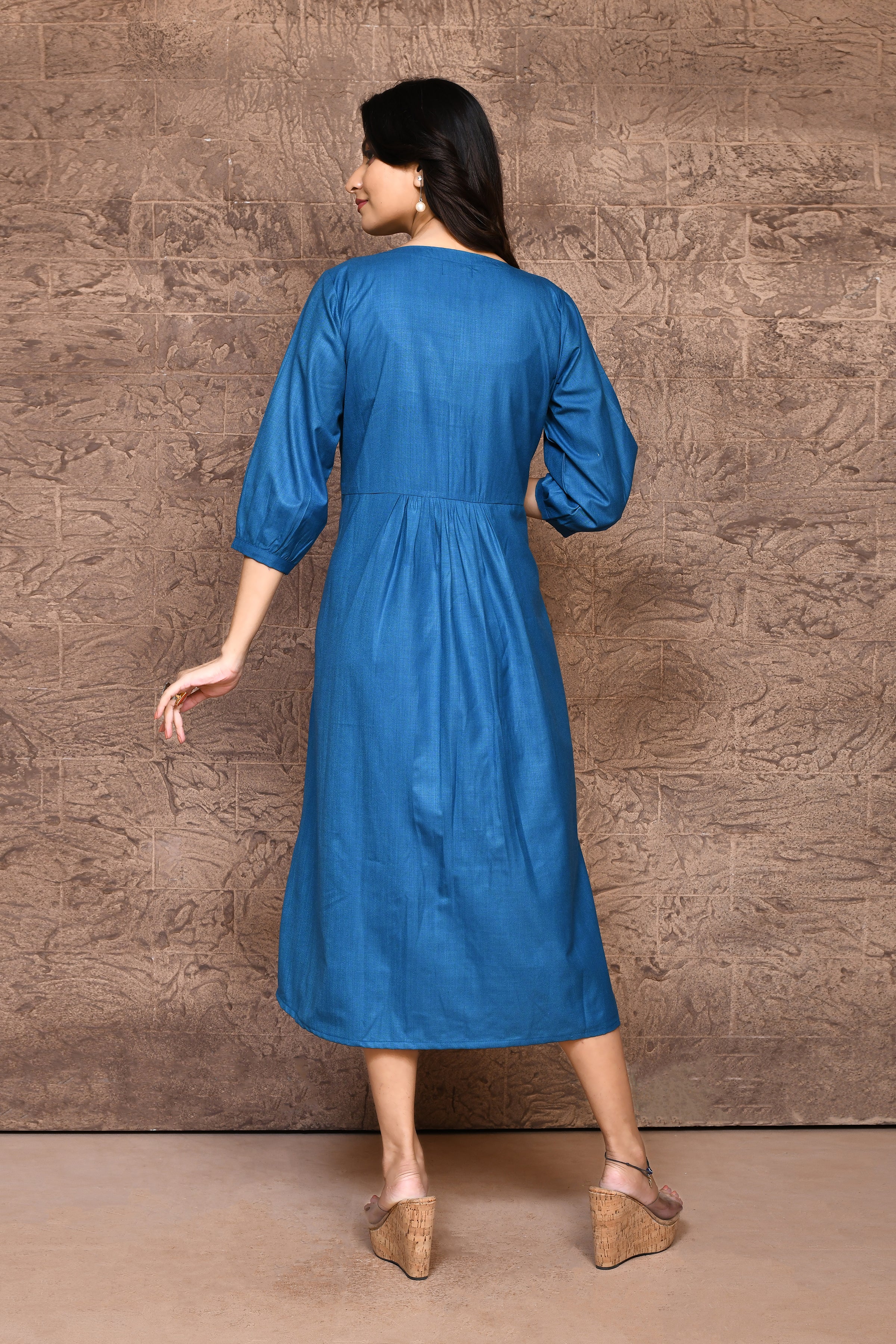 Solid color cotton slub  A-line one piece dress