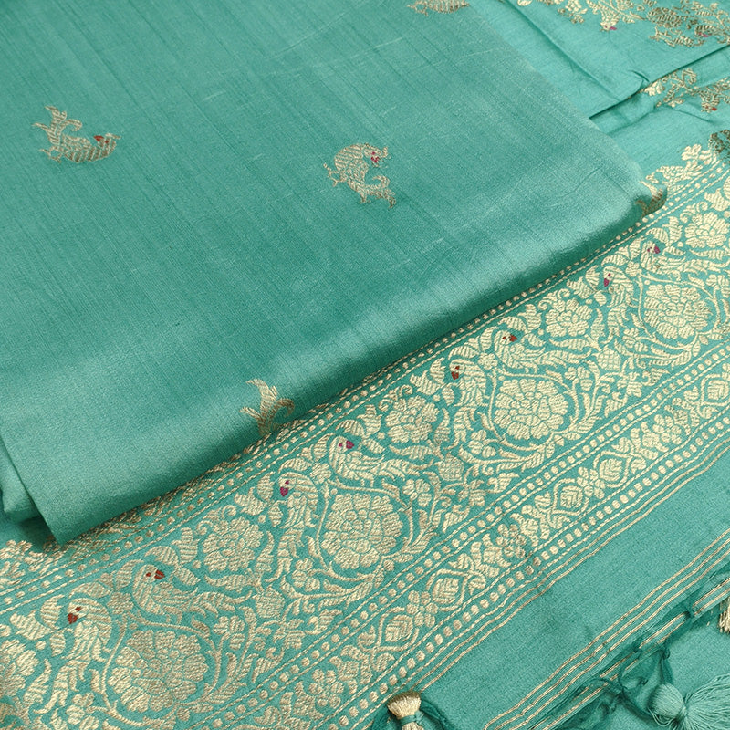 Teal Green Tussar Linen Suit Set with Antique Zari Motifs and Hand-Tied Tassels