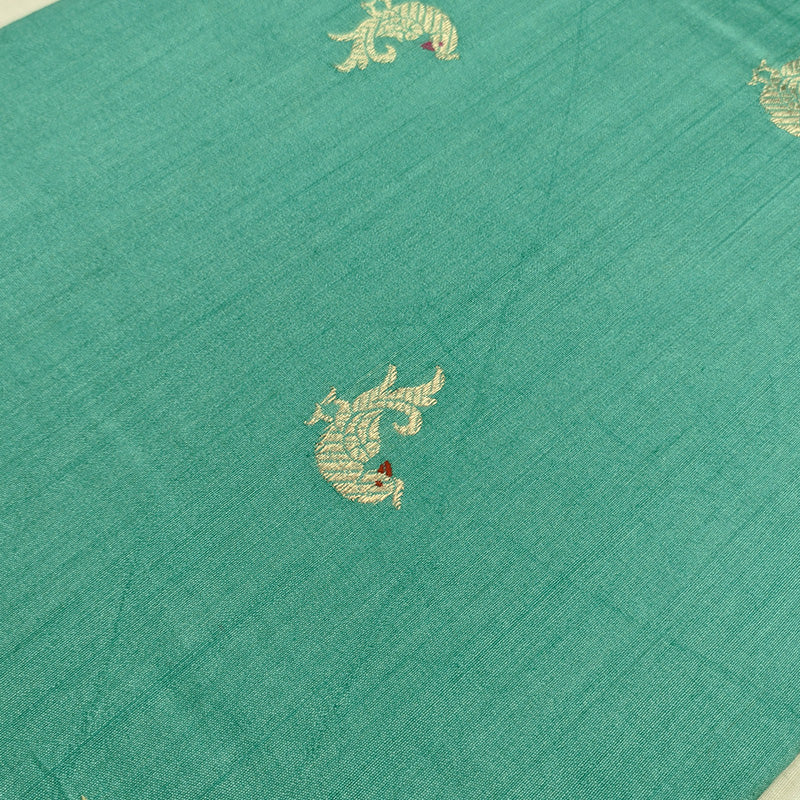 Teal Green Tussar Linen Suit Set with Antique Zari Motifs and Hand-Tied Tassels