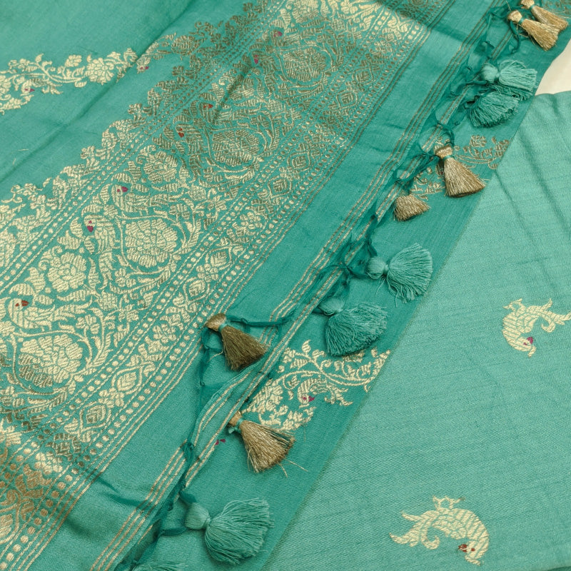 Teal Green Tussar Linen Suit Set with Antique Zari Motifs and Hand-Tied Tassels