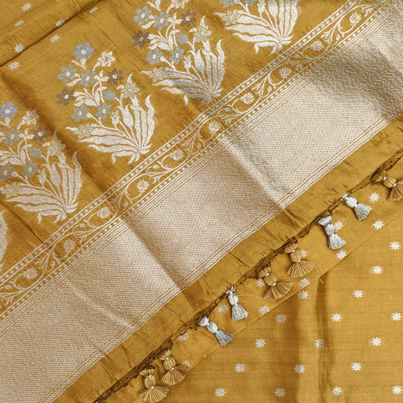 Mustard Gold Tussar Linen Suit Set with Silver Zari Floral Border