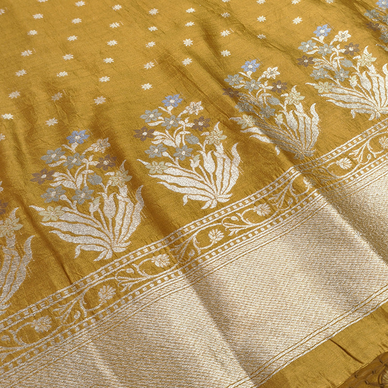 Mustard Gold Tussar Linen Suit Set with Silver Zari Floral Border