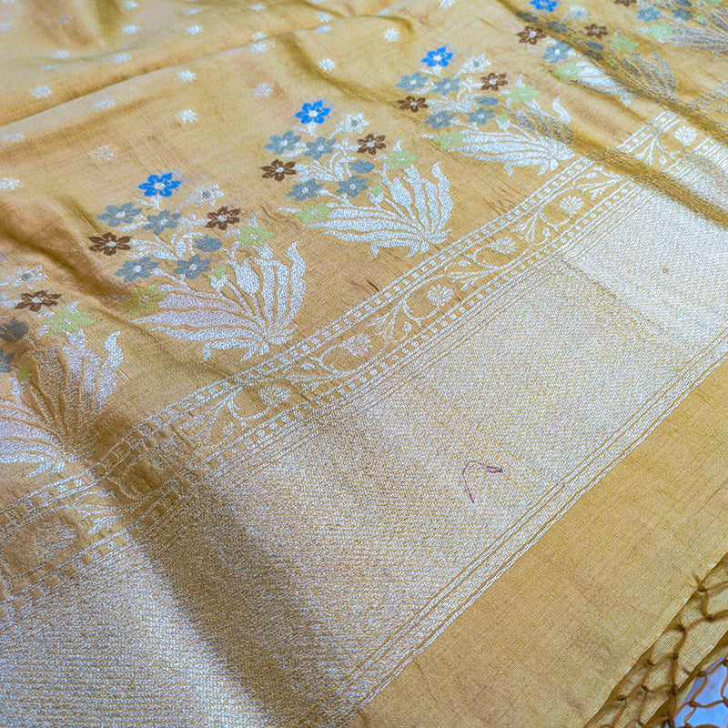 Honey Beige Banarasi Munga Silk Suit Set with Pastel Floral Zari Border
