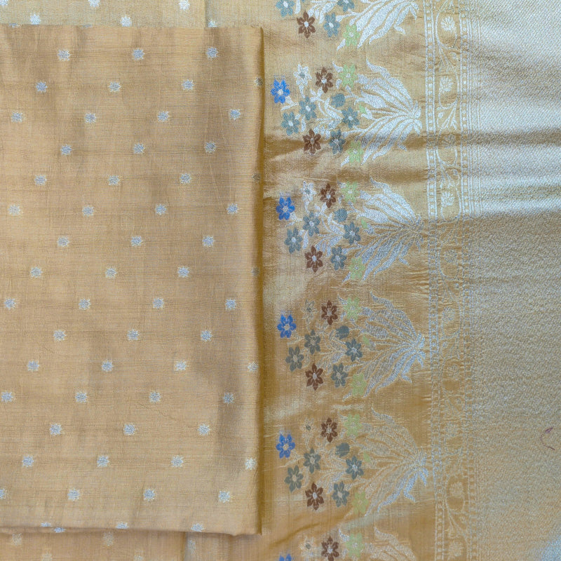 Honey Beige Banarasi Munga Silk Suit Set with Pastel Floral Zari Border