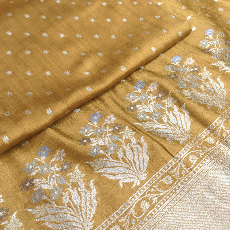 Mustard Gold Tussar Linen Suit Set with Silver Zari Floral Border