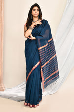 Plain Maheshwari pure handloom saree with rose gold woven border and rose gold & dark pink stripes in pallu