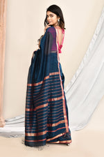 Plain Maheshwari pure handloom saree with rose gold woven border and rose gold & dark pink stripes in pallu