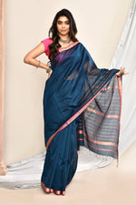 Plain Maheshwari pure handloom saree with rose gold woven border and rose gold & dark pink stripes in pallu