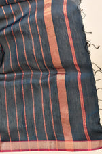 Plain Maheshwari pure handloom saree with rose gold woven border and rose gold & dark pink stripes in pallu