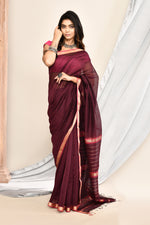 Plain Maheshwari pure handloom saree with rose gold woven border and rose gold & dark pink stripes in pallu