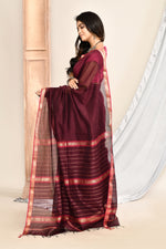 Plain Maheshwari pure handloom saree with rose gold woven border and rose gold & dark pink stripes in pallu