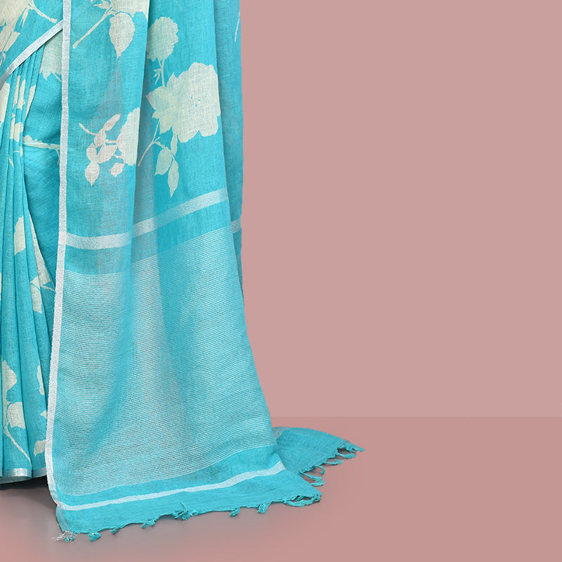 Printed linen cotton saree zari border with blouse piece
