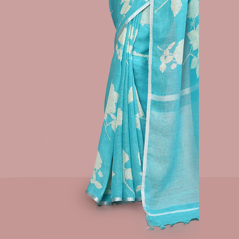 Printed linen cotton saree zari border with blouse piece