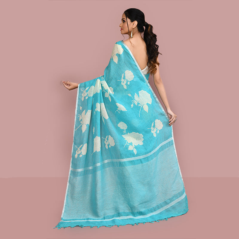 Printed linen cotton saree zari border with blouse piece