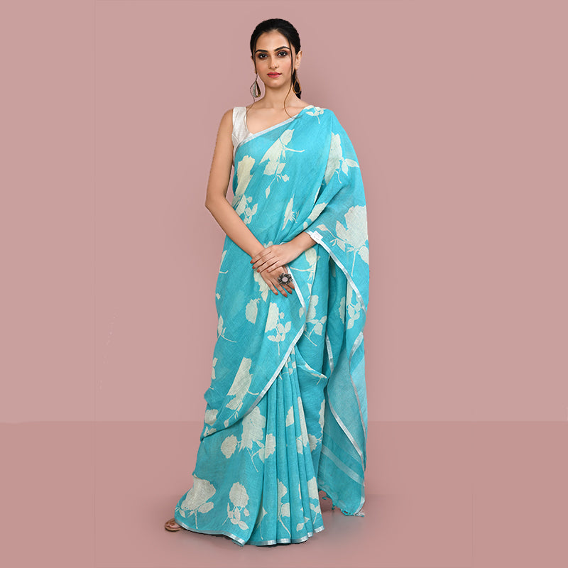 Printed linen cotton saree zari border with blouse piece