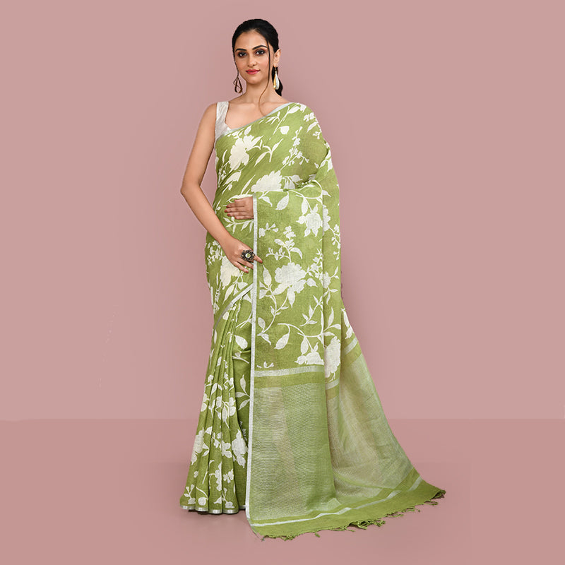 Printed linen cotton saree zari border with blouse piece