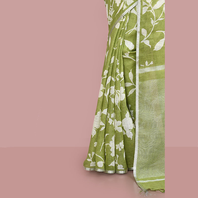 Printed linen cotton saree zari border with blouse piece