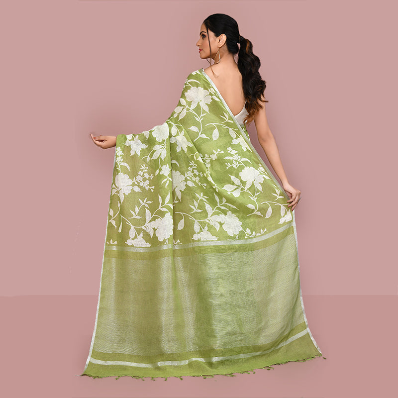 Printed linen cotton saree zari border with blouse piece