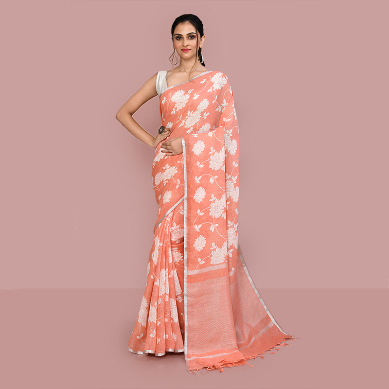 Floral printed linen cotton saree zari border with blouse piece