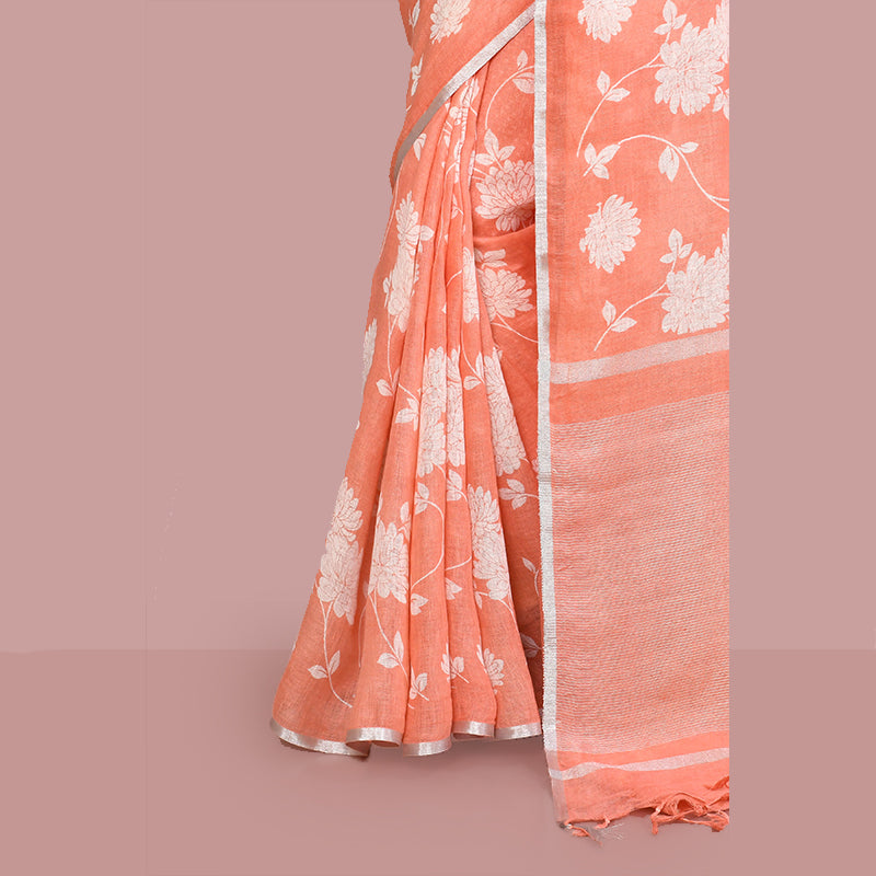 Floral printed linen cotton saree zari border with blouse piece