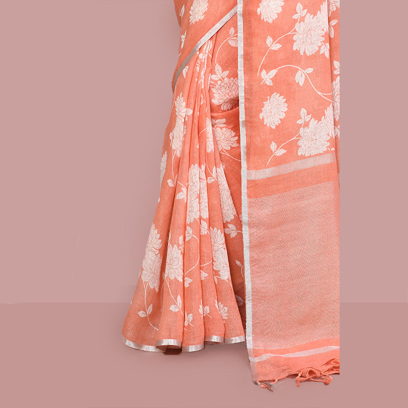 Floral printed linen cotton saree zari border with blouse piece