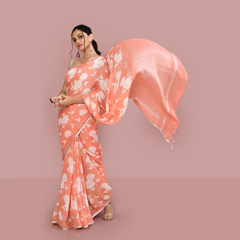 Floral printed linen cotton saree zari border with blouse piece