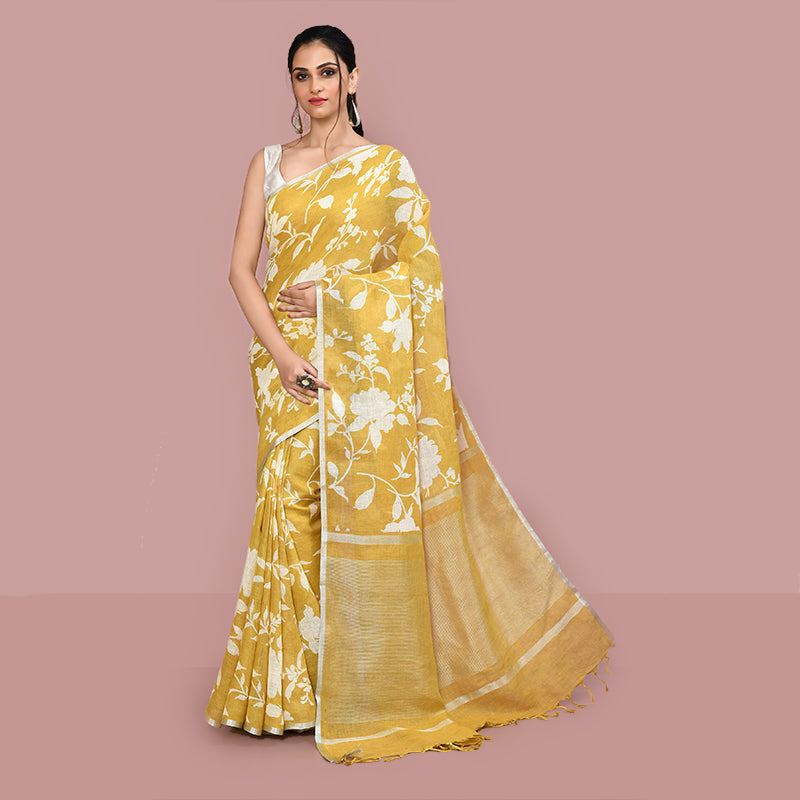 Printed linen cotton saree zari border with blouse piece