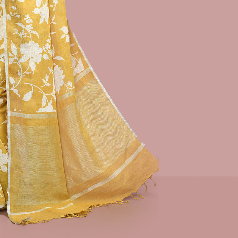 Printed linen cotton saree zari border with blouse piece