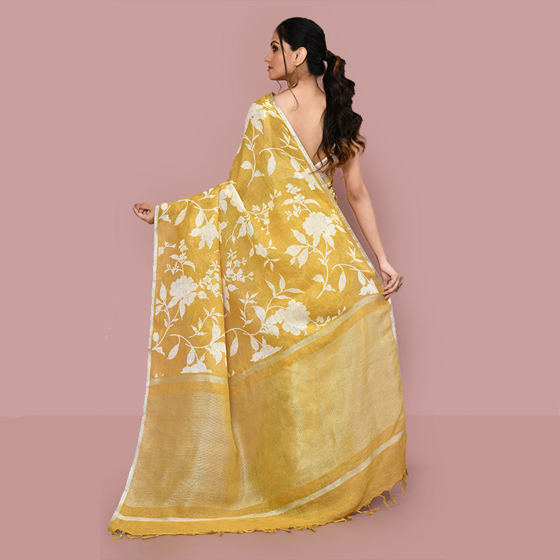 Printed linen cotton saree zari border with blouse piece