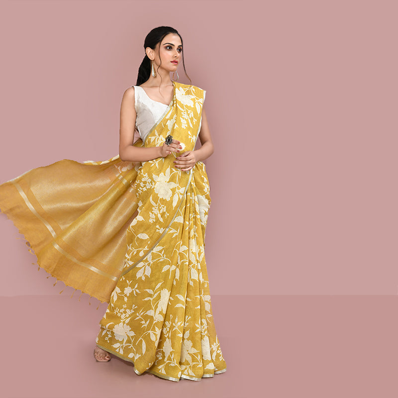 Printed linen cotton saree zari border with blouse piece