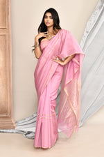 Maheshwari pure handloom saree with golden stripes pallu and thin golden zari border