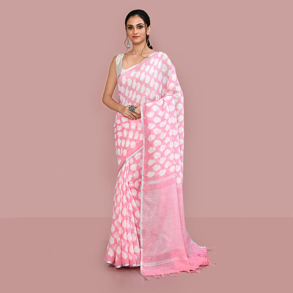 Paisely printed linen cotton saree zari border with blouse piece